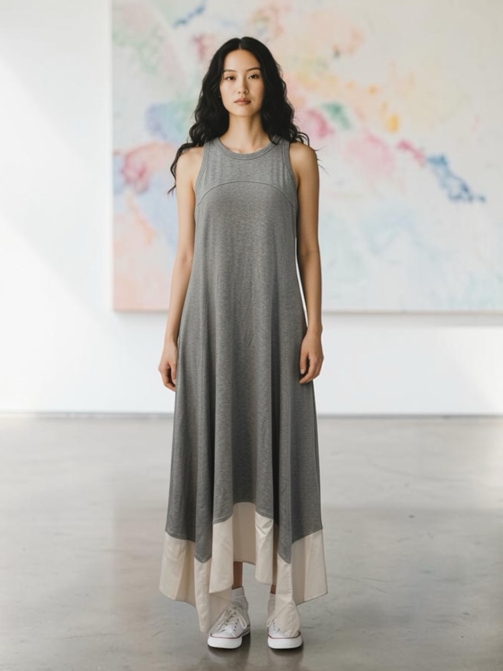 Sweaty Betty Grey Midi Dress with Flowing Drape and Cutout Back.
